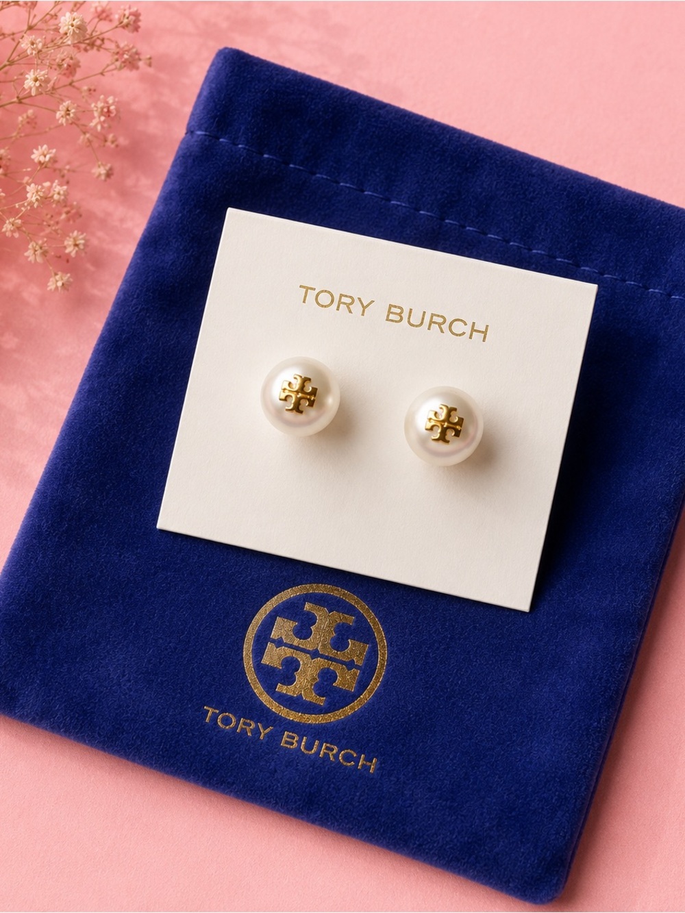 Tory Burch Cream Pearl Stud Earrings with Gold Logo